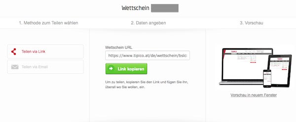 Tipico Wettschein via Mail oder Link teilen