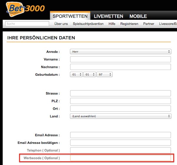 Bet3000 Werbecode bei der Anmeldung einlösen