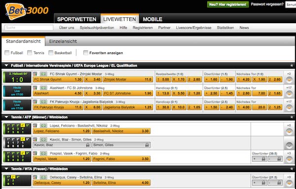 Livewetten Angebot Screenshot vom Buchmacher Bet3000