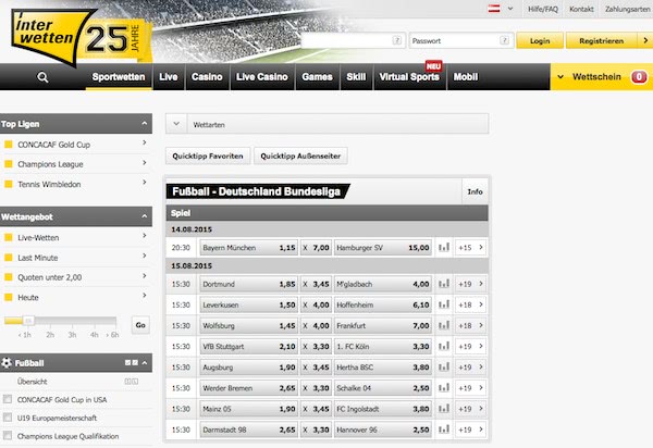 Wettprogramm des Bookies Interwetten - großes Wettangebot