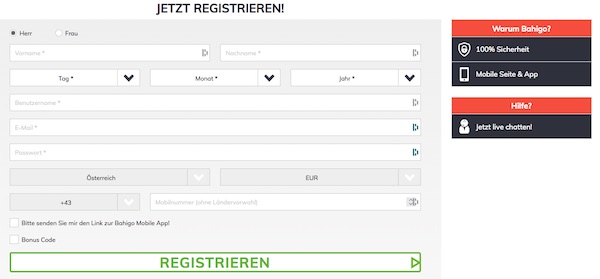 Bahigo Registrierungsformular