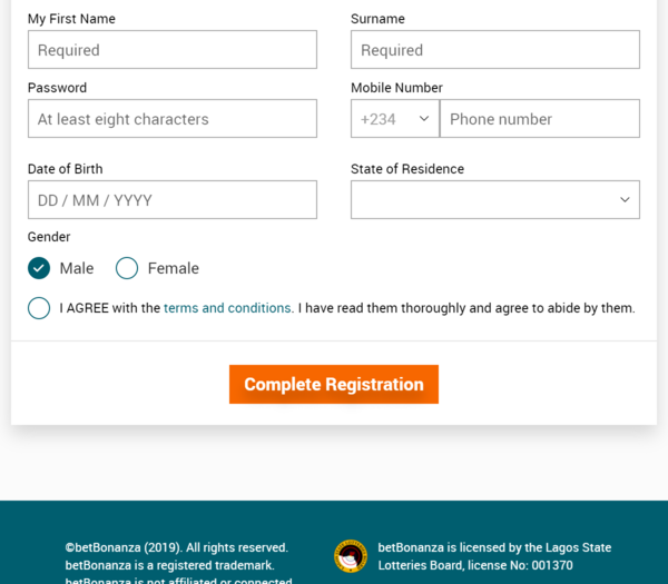 Betbonanza Registration form