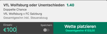 Bet365 Wettschein zur CL Partie Wolfsburg gegen Salzburg