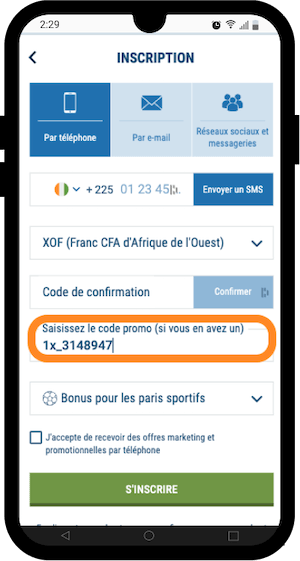 inscription 1xbet avec code promo sur smartphone