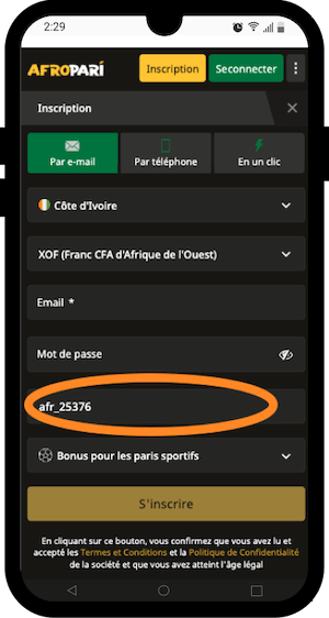 inscription afropari avec code promo sur ltp