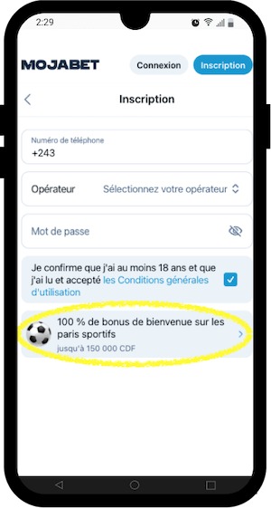 mojabet inscription sur telephone