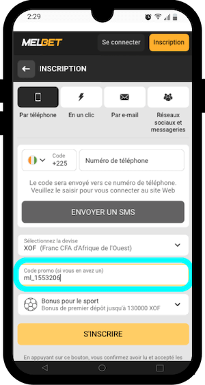 inscription melbet avec code promo sur telephone
