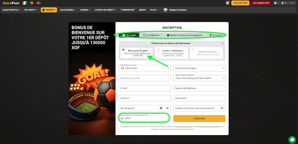 s inscrire sur goldpari avec code promo sur ordinateur avec livetipsportal