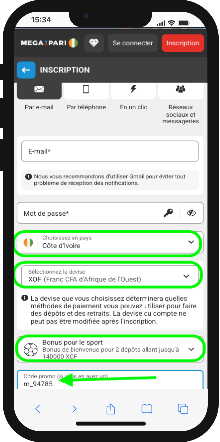 inscription megapari avec code promo 