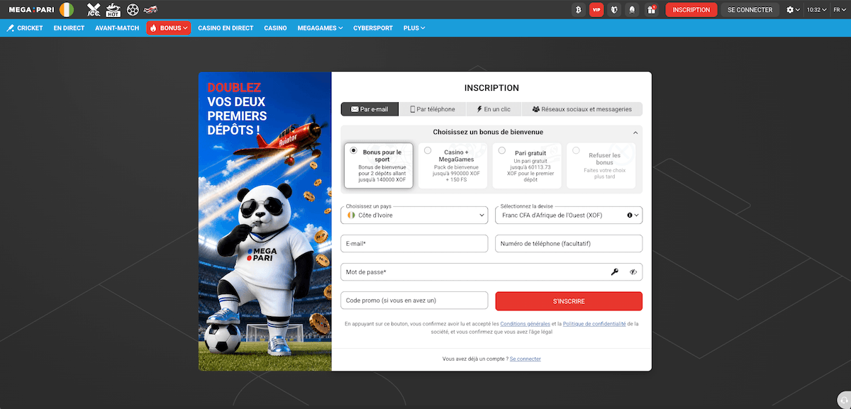 creer un compte megapari sur inscription 
