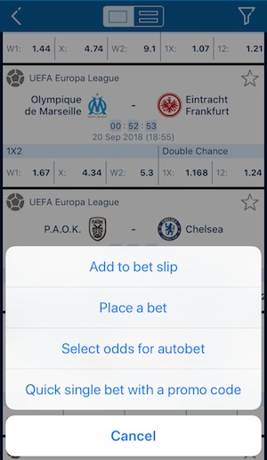 1XBet app placing a bet