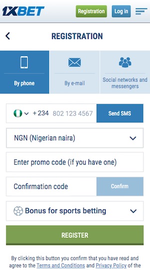 1xBet registration in the mobile version