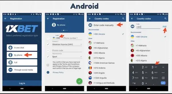 1xbet app registration Android