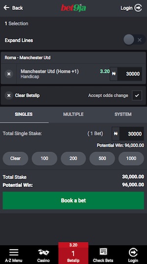 Handicap bet on ManUnited vs AS Roma at Bet9ja