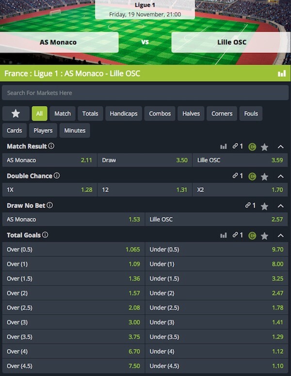 Monaco vs Lille Betboro betting markets