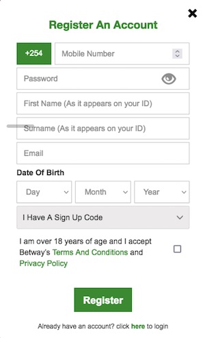 Betway mobile sign up form