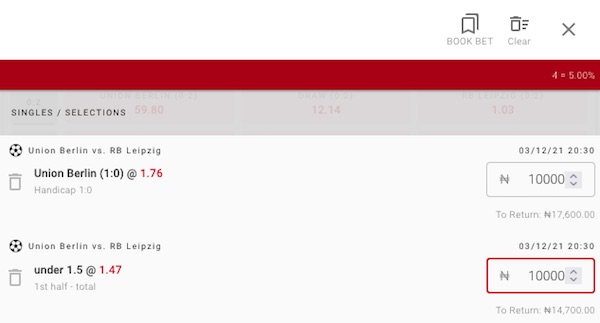 Yangasport bet slip Union Berlin vs RB Leipzig