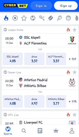 Cyberbet mobile app homepage