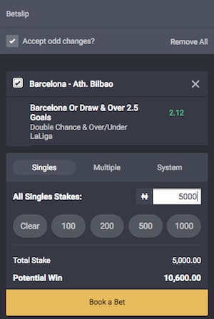 Bet9ja Barcelona vs Athletic Bilbao betslip