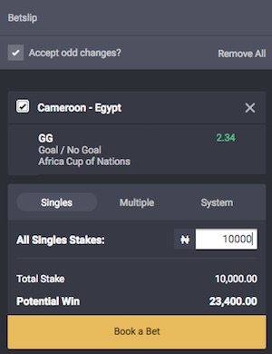 Bet9ja Betslip AFCON semifinal Cameroon vs Egypt