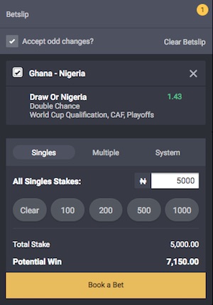 Bet9ja Ghana vs Nigeria betslip