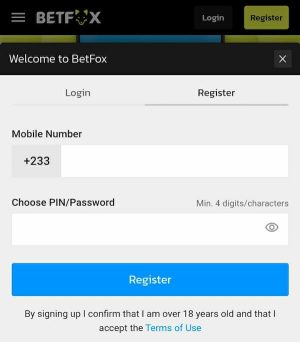 Betfox app registration screen