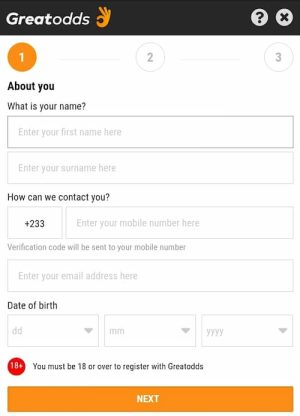 Greatodds app sign up screen