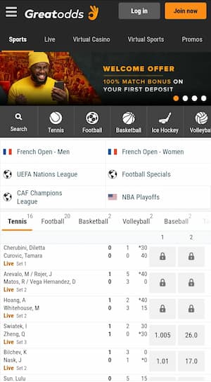 Greatodds app sportsbook screen