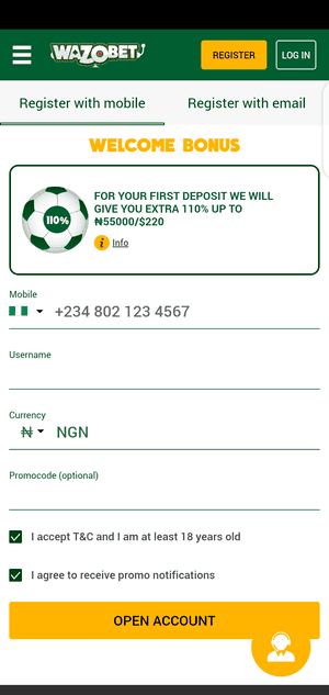 Wazobet App Sign up page