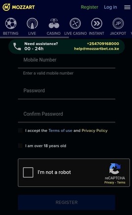 Mozzartbet sign up form in the app