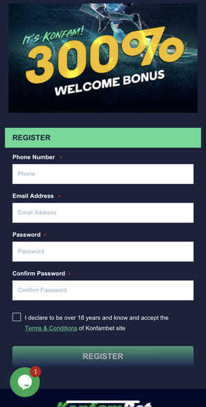 Konfambet mobile app Sign Up Page