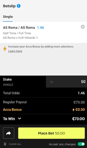 BetFox betslip for AS Roma vs. Helsinki