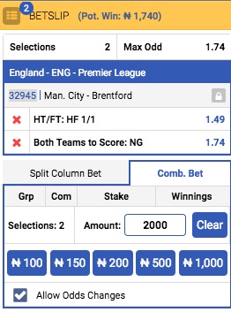 Betking Man City - Brentford betslip