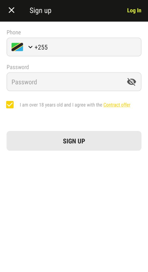 Parimatch mobile sign up form