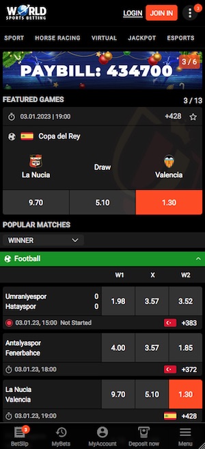 Worldsportsbetting mobile app homescreen