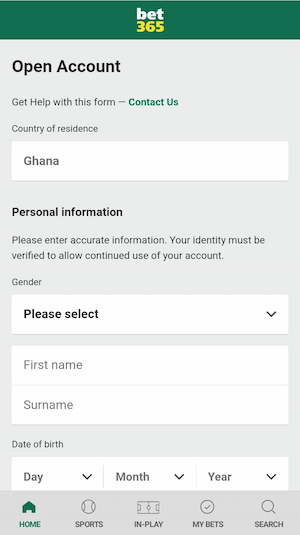 Bet365 app sign up page