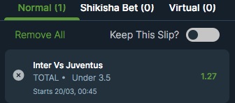 Betika Under 3.5 goals tip for Inter vs Juventus