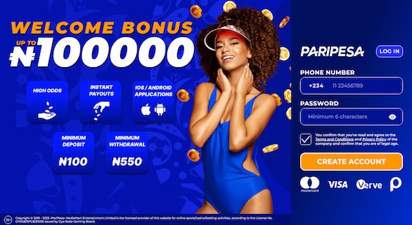 Paripesa first deposit bonus NGN 100000