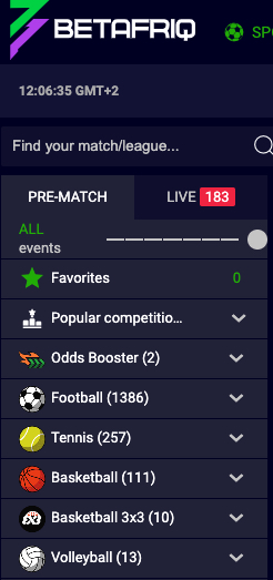 betafriq sportsbook sidebar