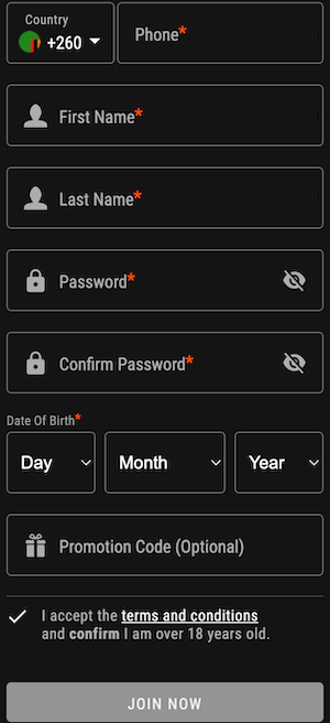 Bwin Zambia signup form