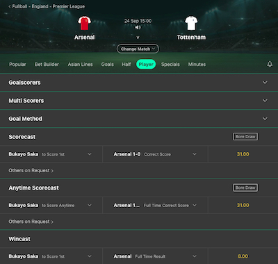 Arsenal vs. Tottenham Scorecast and wincast betting options