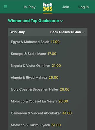 afcon winner and top goalscorer outrights bet365