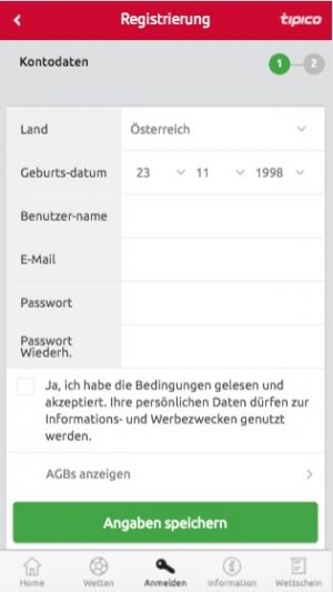 Tipico App Registrierung
