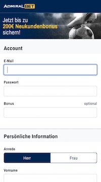 Admiralbet Anmeldungsformular Teil 1