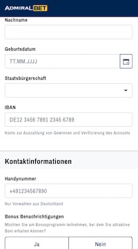 Admiralbet Anmeldungsformular Teil 2