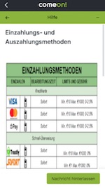 ComeOn Einzahlungsmethoden Teil 1 in der mobilen Version