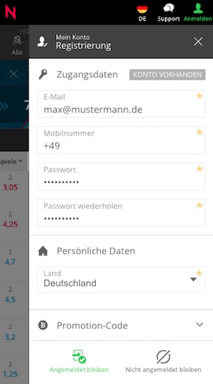 NEO.bet Registrierung in der Web-App