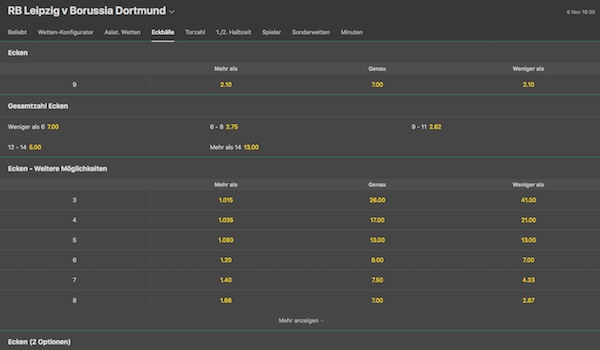 Bet365 Ecken Wettmarkt bei der Partie Leipzig vs. BVB