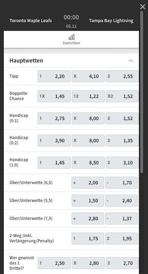 Tipico Wettprogramm zum NHL Spiel Toronto Maple Leafs gegen Tampa Bay Lightning