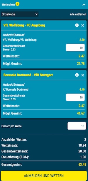 sportwetten.de Halbzeit Endstand Betslip mit zwei Einzeltipps